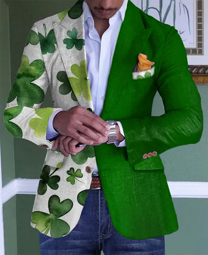 Men's Blazer Saint Patrick'S Day Floral Print Patchwork Lapel Collar Blazer Green Spring Casual Elegant Suit Men's Clothing