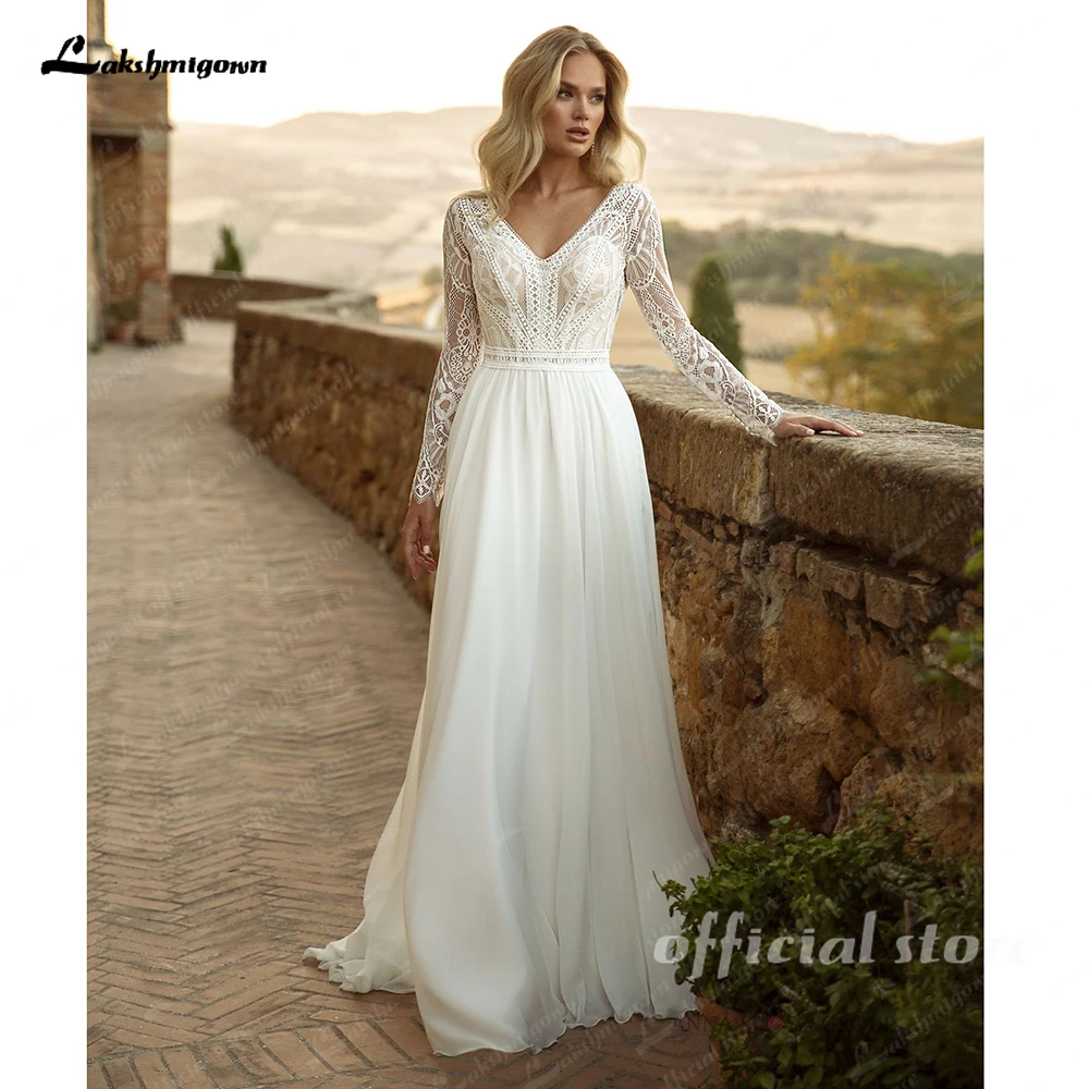 Lakshmigown Plunging Boho Wedding Dress Long Sleeve Lace Bodice Chiffon V Neck Customized Beach Bridal Gown robe mariée 5