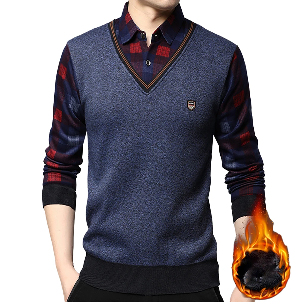 

Casual Man Winter Plaid Fake Two Pieces Fleece Thickened Knit Shirts Slim Shirt + Sweaters Warm Knitwear Tops Clothing For Men