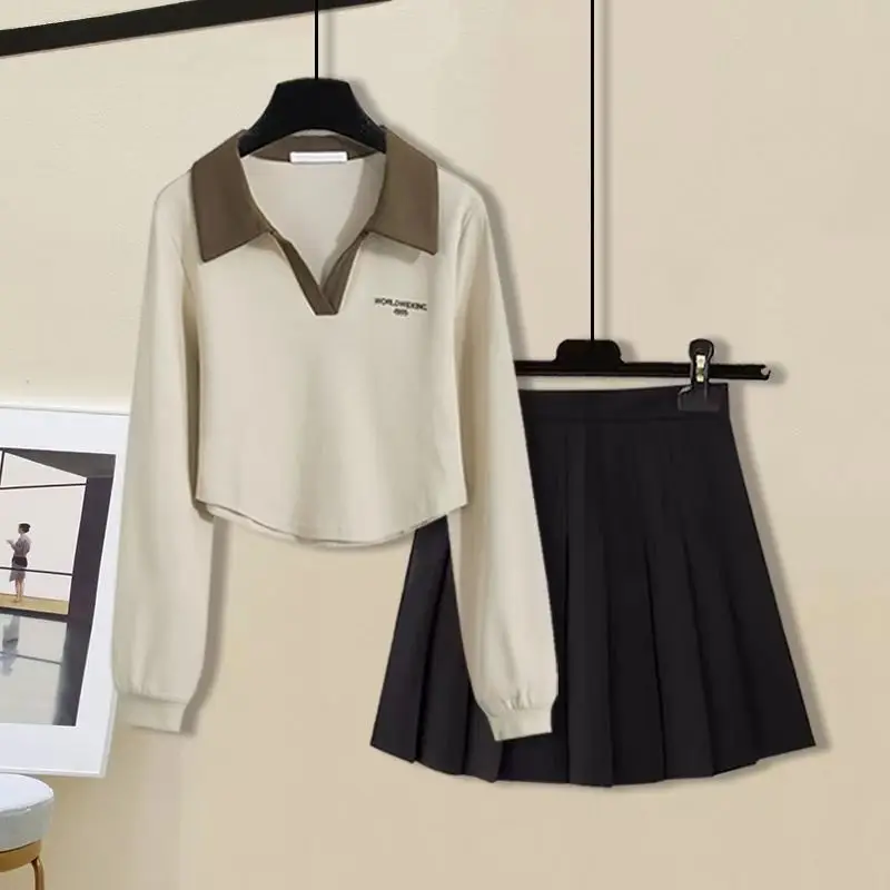 Women's Set 2023 New Spring and Autumn Korean Edition Loose POLO Neck Long Sleeve Short Top Pleated Skirt Two Piece Set