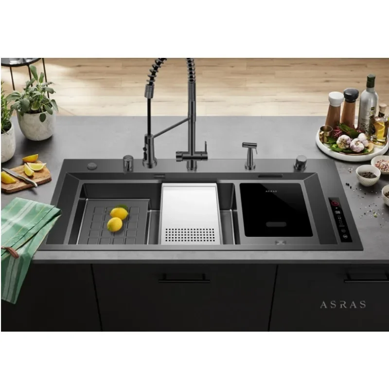 Smart Kitchen Sink - Stainless Steel Black Nano Handmade Double Sink with Vegetable & Fruit Purifier and Catalyst