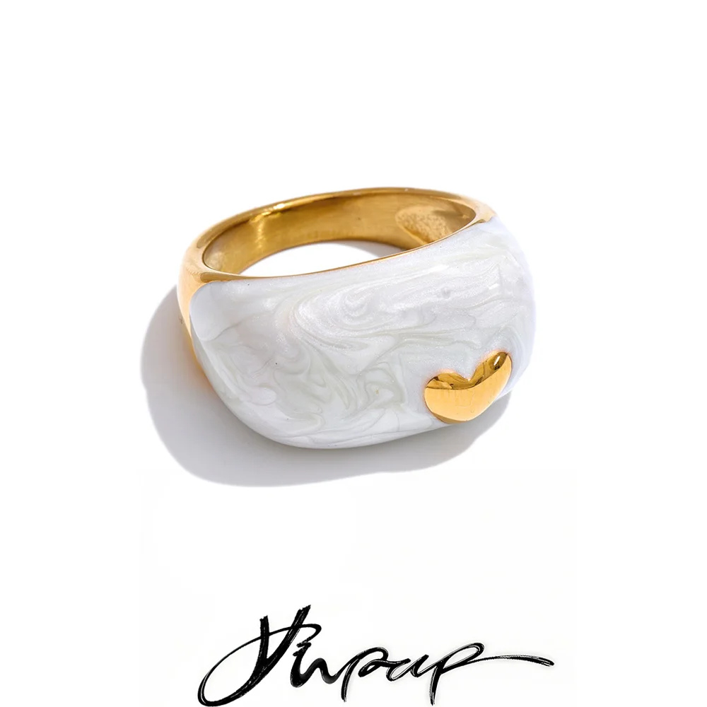 Yhpup Größe 6789 Neuheiten Weißer Emaille-Herz-Gussring Wasserdicht 18K Goldfarben PVD-beschichtet Stilvoller Schicker Schmuck