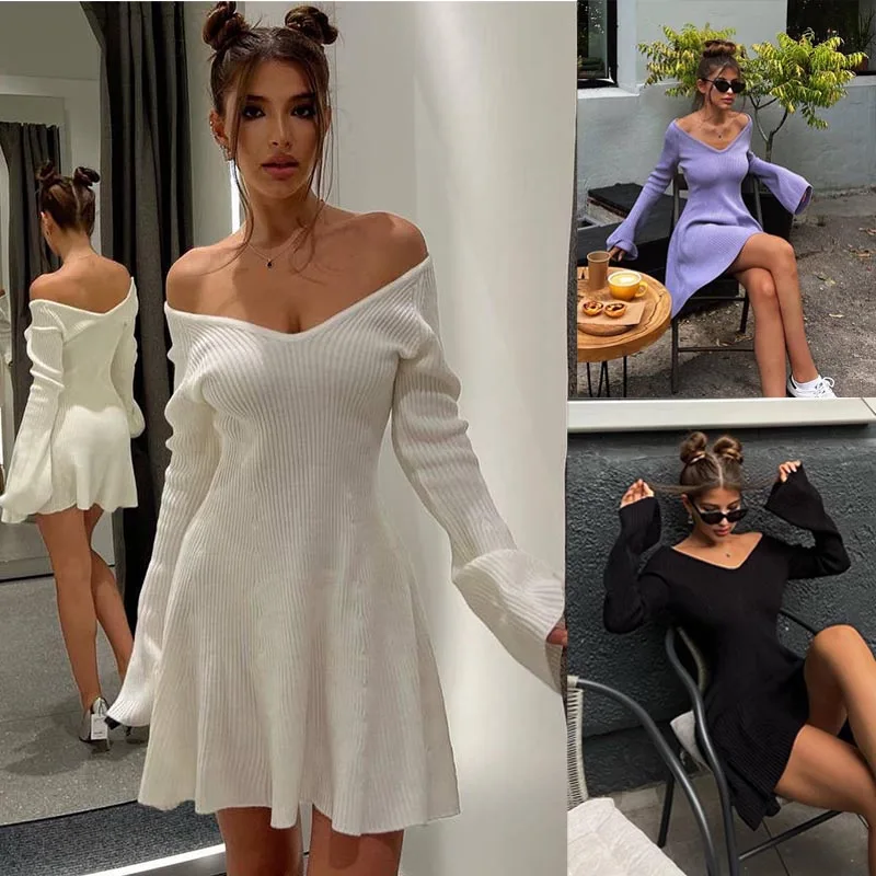 

Autumn Knit Dress Women Fashion Long Sleeve V-Neek Ruffle Hem Female Mini Sweater Dresses Solid Sexy Waist Lady Casual Robe