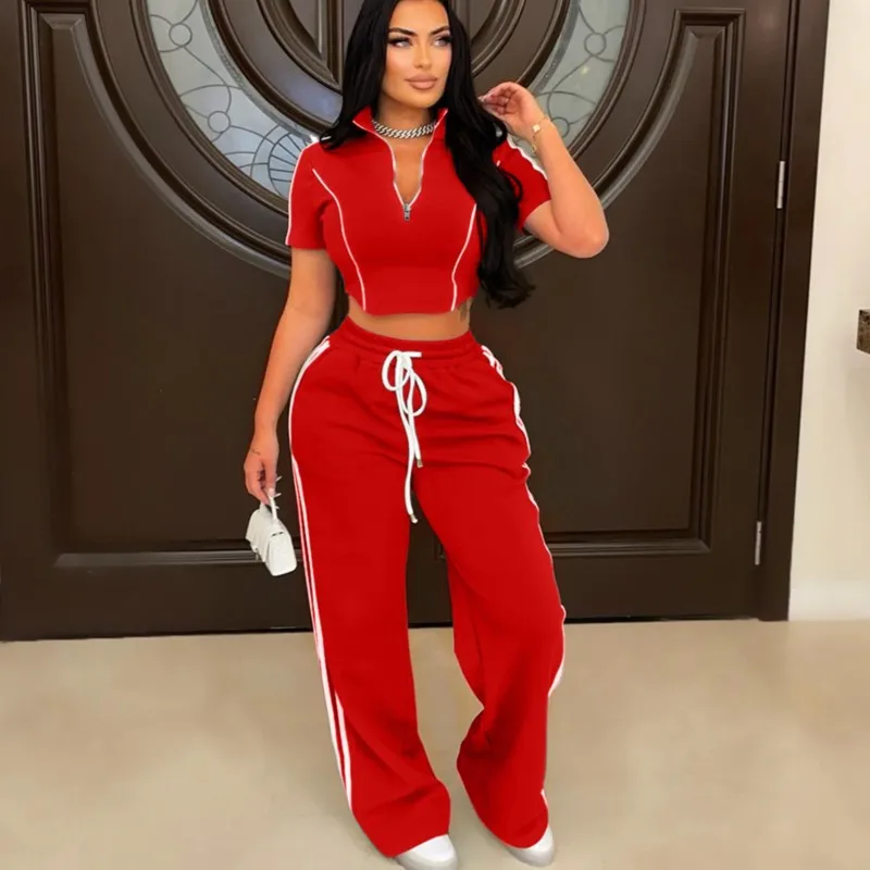 المرأة الصيف موضة عادية قصيرة هوديي 2 قطعة مجموعة بدلة رياضية سستة أعلى قصيرة الأكمام شريط الربط السراويل الطويلة مجموعات الإناث