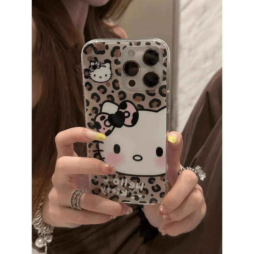 かわいいハローキティヒョウ柄黒弓電話ケース iphone 16 15 14 12 13