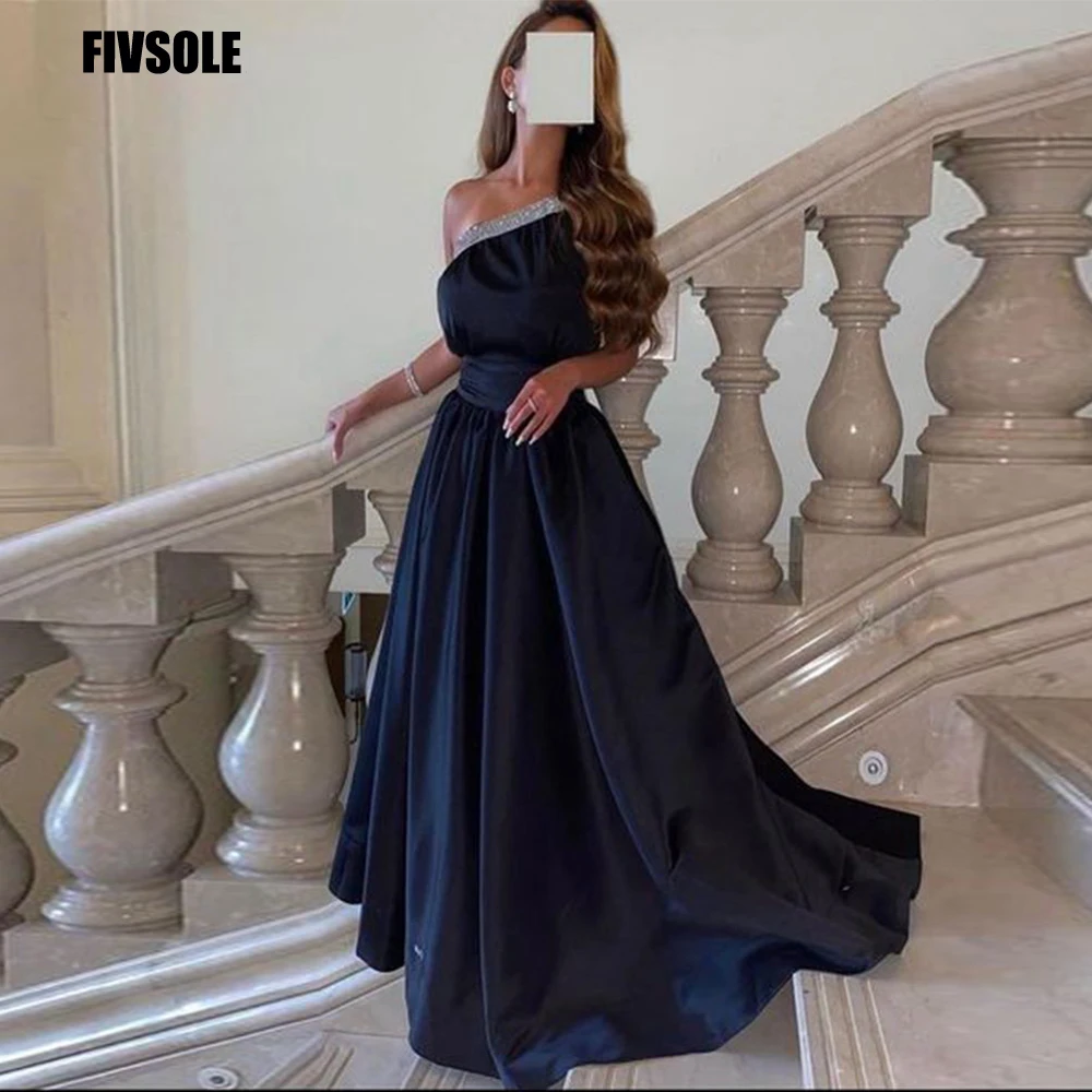 

Fivsole Vestido De Festa Navy Blue Long Prom Dresses 2022 Sexy One Shoulder Sequin Satin Saudi Arabia A-line Evening Party Gowns