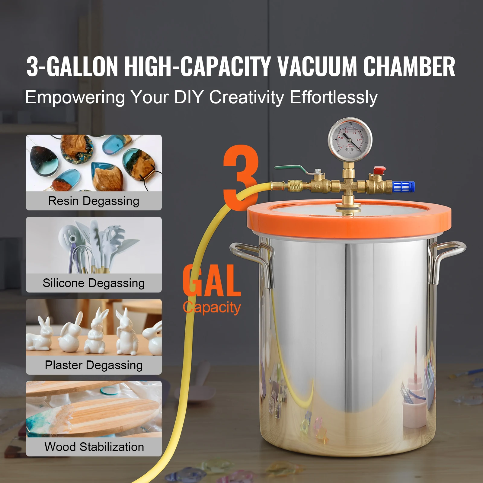 SucceBuy 3/5 Gal Upgraded Tempered Glass Lid Vacuum Degassing Chamber 304 Stainless Steel for Stabilizing Wood, Resin Degassing