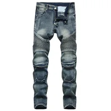 

Men Jeans Spring Summer Pleated Slim Fit Patchwork Denim Straight-Leg Pants Streetwear Vintage Riding Motorcycle Mid-Waist Jeans