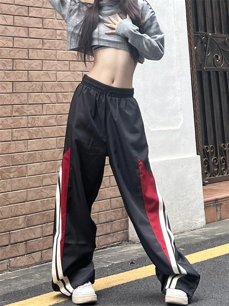 

QWEEK Y2K Vintage Black Joggers Sweatpants Women 90s Streetwear Wide Leg Track Pants Oversized Hip Hop Harajuku Striped Trousers