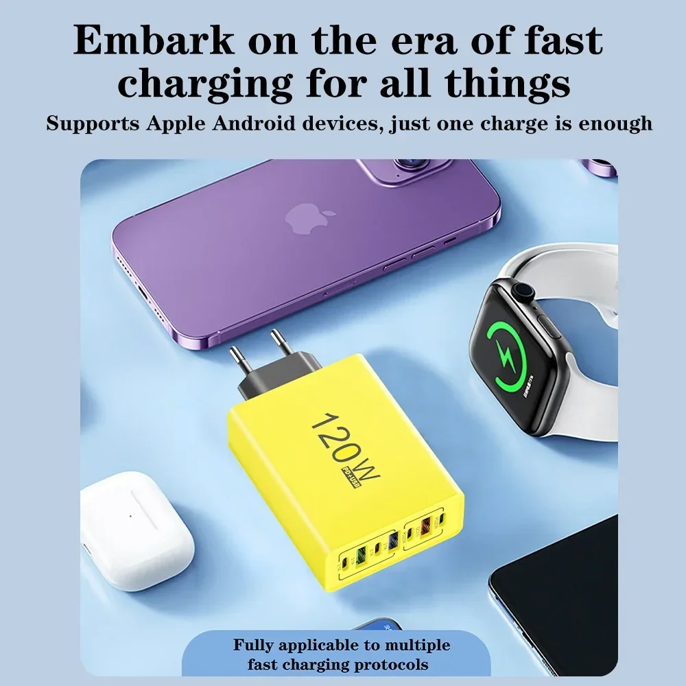 Caricatore USB da 120 W con porte multiple, ricarica rapida, adattatore per caricabatterie per telefono di tipo C, caricatore da muro con presa EU/US per iPhone Samsung Xiaomi Huawei - immagine 5