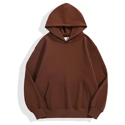 Premium Heavyweight Cotton Velvet Hooded Sweatshirt - Unisex Thick Polar Fleece Pullover Hoodie - L (Mocha)