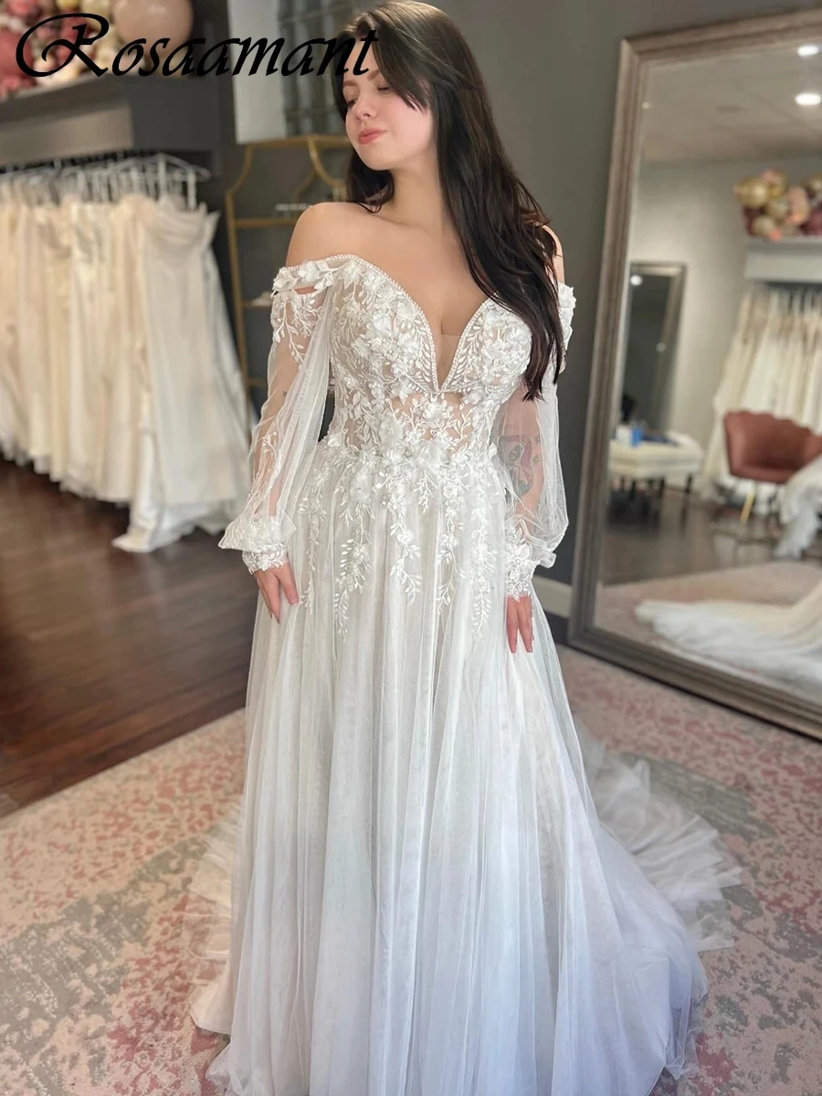 

2024 Illusion Long Sleeve 3D Flowers Wedding Dresses A-Line Off The Shoulder Appliques Lace Bridal Gowns Robe De Mariée
