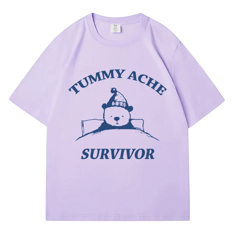 Tummy Ache Survivor Bear Graphic T Shirt Fashion Men Women T Shirts Oversized 100% Cotton Casual Kawaii T-Shirt Streetwear Gifts