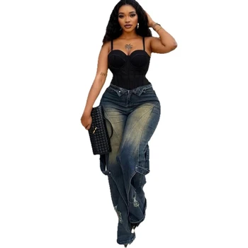 Denim Cargo Pant Women Jeans Vintage Wide Leg Long Pants High Waist Straight Trousers Hole Y2k Streetwear Elegant Casual 2026