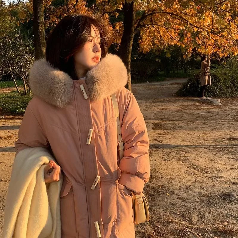 Fox Fur Collar Down Jackets Hooded Women Winter Fashion Horn Button Thickened White Duck Coats Straight Pocket Windproof Cuffs
