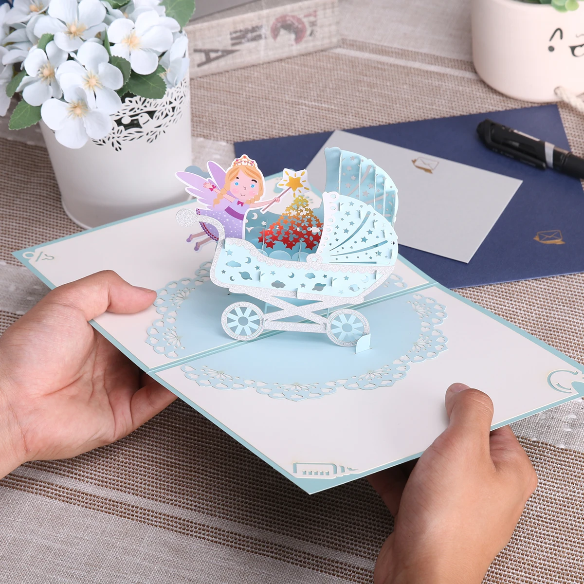 Greeting cards 1st birthday 3D baby carriage 2 colors for newborn baby shower invitation