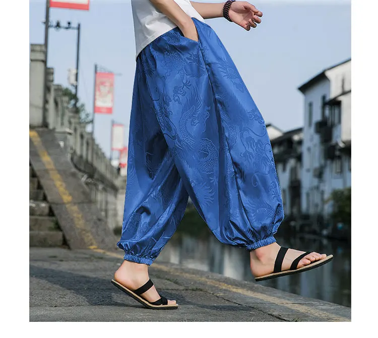 Description Picture 6 of itemSummer Ice Silk Dragon Pattern Pants Men's Beach Bloomers Retro Casual Wide-leg Flower Pants Harajuku Fashion Jogging Pants