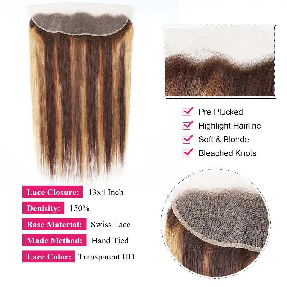 Highlight Hair Brazilian Remy Hair With 13X4 Lace Frontal Straight Bundles With Lace Closure P4/27 Straight Blonde Bundles