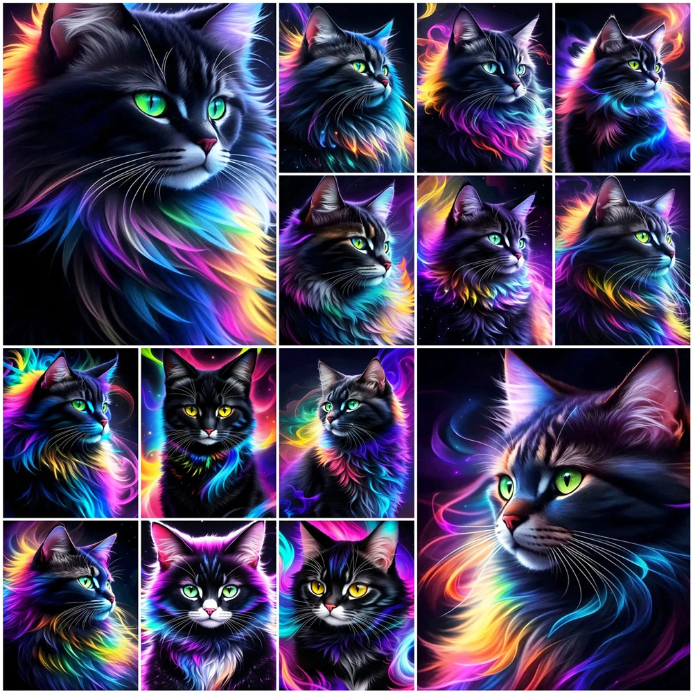 EverShine 5D DIY Diamond Mosaic Black Cat Picture Rhinestones Painting Animal Colorful Cross Stitch Kit Embroidery Wall Art