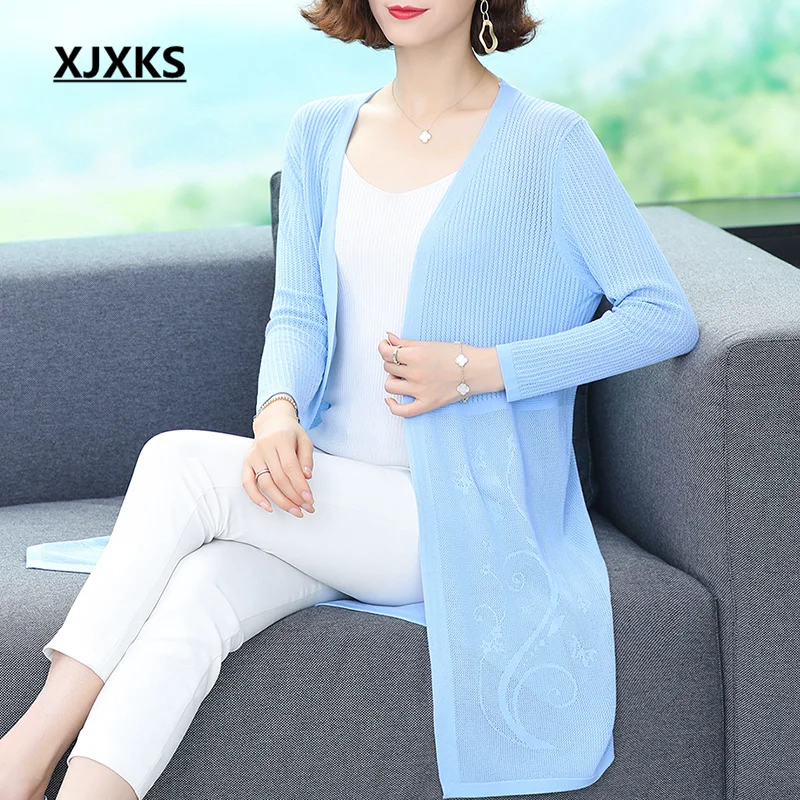 

XJXKS 2022 Spring Autumn Latest High Quality Long Cardigan Women's Sweater Coat Loose Large Size Female Knitted Jacket