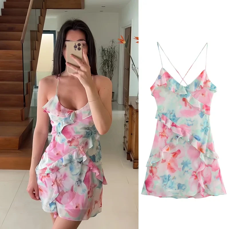 PB&ZA Women's 2024 Summer New Ruili Sweet Stacked Decorative Printed Mini Suspender Dress 3343/758