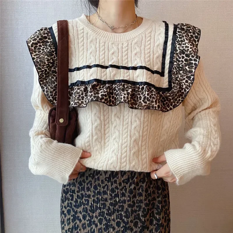 

2022 Winter Sweater Ladies Round Neck Retro Chic Long Sleeve Blouse Elegant And Fashionable Soild Color Wild Leopard Sweater