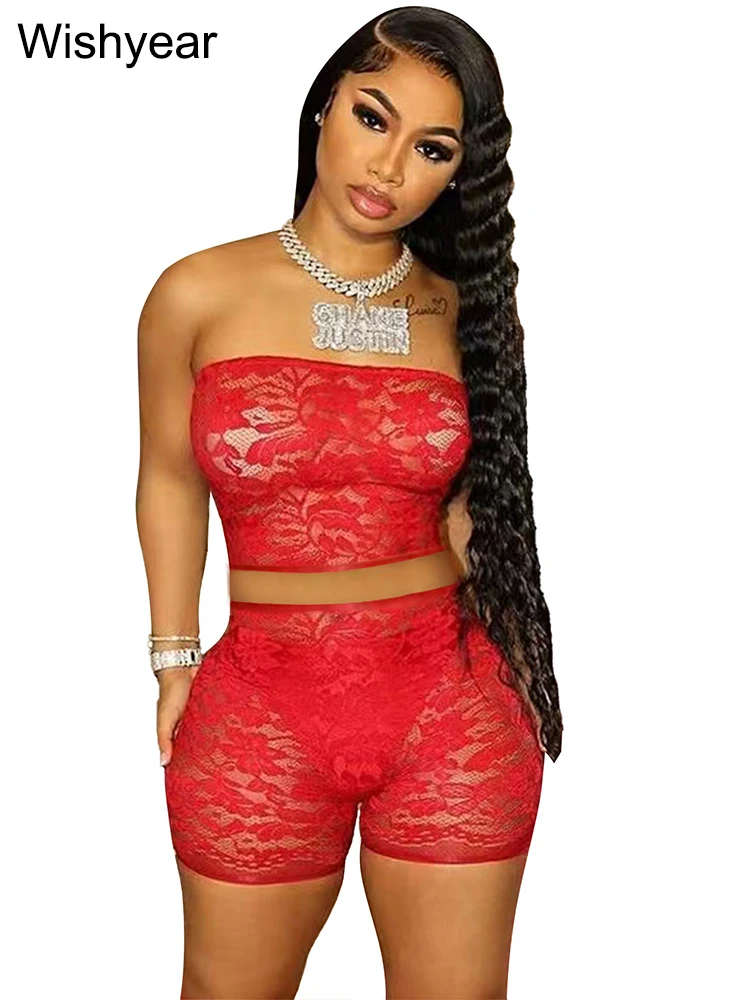 Sexy Night Club Outfits Women Black Lace See Through Tube Tops and Tight Shorts Two 2 Pieces Set Birthday Prom Bar Suits 2025