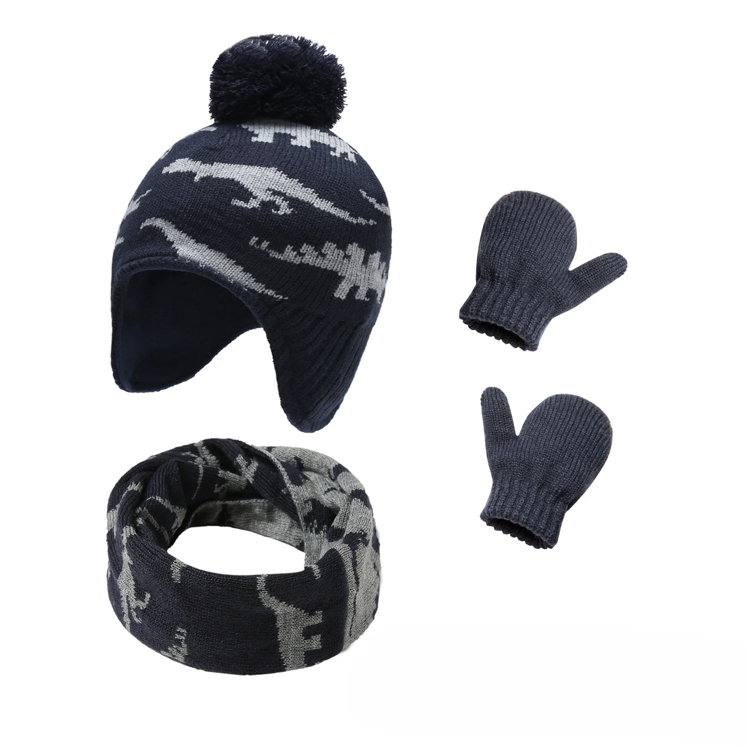 Popular Autumn and Winter Cartoon Cute Dinosaur Hat Bag Cover Children's Knitted Hat Gloves Scarf 3-piece Set