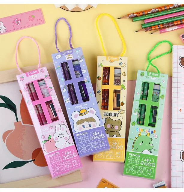 Set kawaii Cute Bunny 2 crayons HB - gomme - règle - taille-crayon