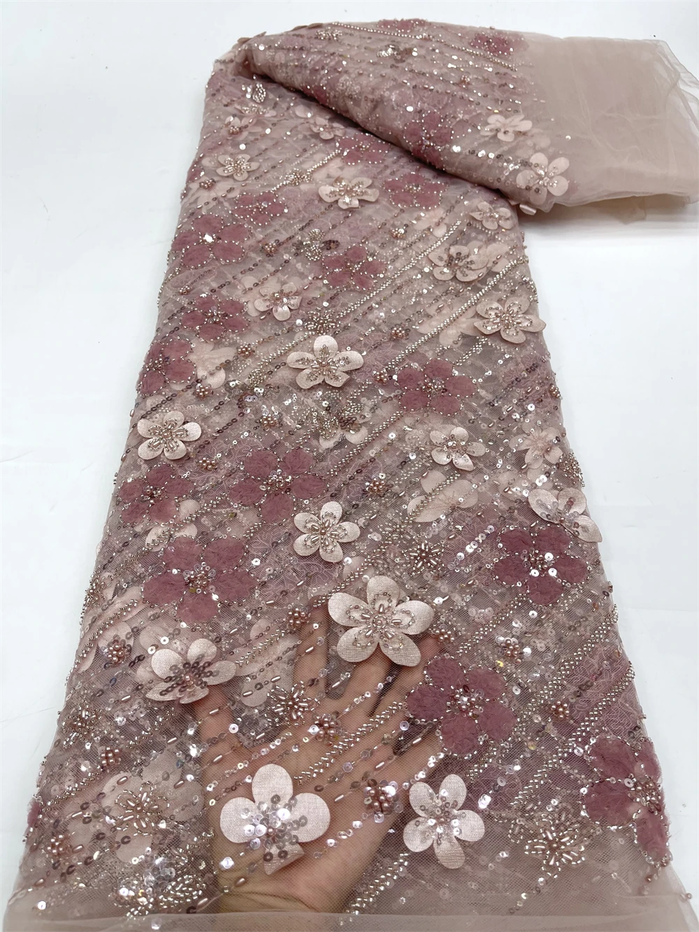 

African 3D Flower Beaded Lace Fabric 2024 High Quality Sequins French Tulle Mesh Lace Bridal For Nigerian Wedding Dress Sewing
