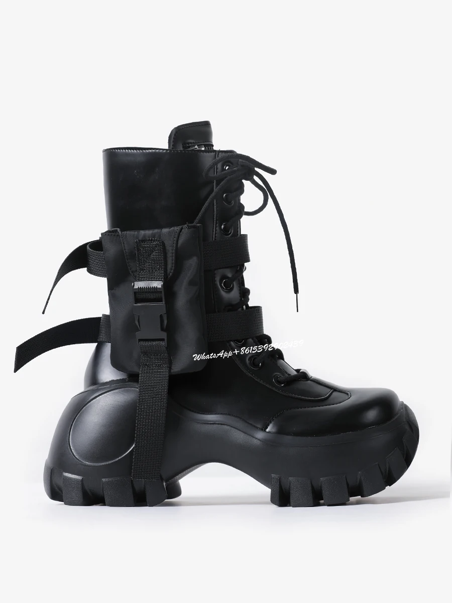 

Tall Black Leather Knee Boots Women Pockets Detachable Belt Buckle Zipper Booties Snow Flat Round Toe Block Heel Shoes