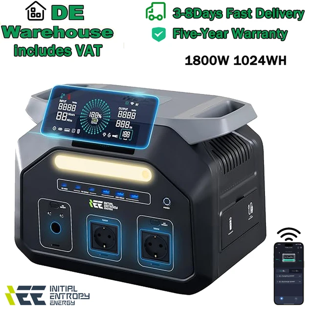 Station d'alimentation portable IEE P1800, générateur solaire 1800W, batterie LiFePO4 de qualité EV 1024Wh, 11 ports de sortie, 220V, 3600W de puissance de pointe 1