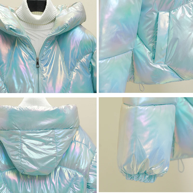 Women Bright Color Winter Jacket 2023 Korean Fashion Long Sleeve Short Parkas Snow Wear Warm Hooded Cotton Padded Outwear S-2xl