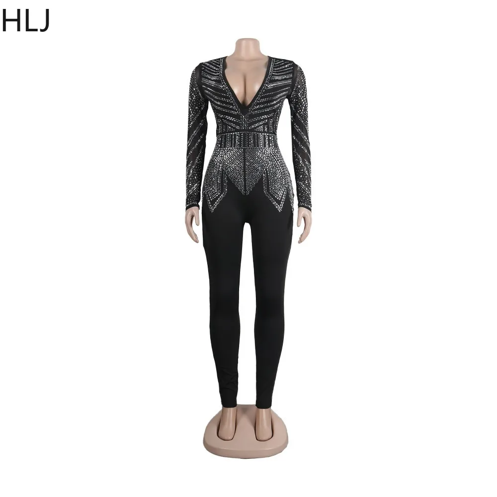 HLJ Sexy Deep V Rhinestones Bodycon Party Nightclub Jumpsuits Women Long Sleeve Skinny Pants Playsuits Female Slim Clothes Black