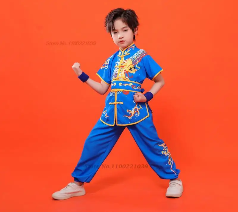 Chinese Children Tai Chi Wushu Clothing Martial Arts Suit Kung Fu Uniform Wing Chun Shaolin Dragon Print Vintage Kungfu Set tai chi clothing,chinese traditional costume
