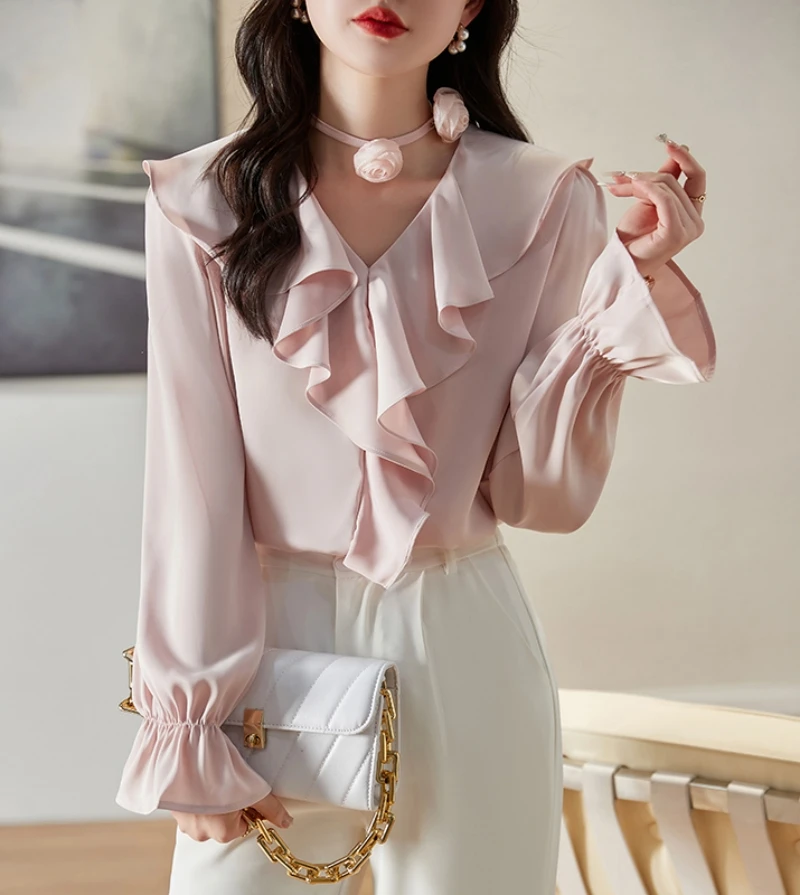 

2023 Spring New Shirt Ruffled Satin Silky Long sleeved Female Light Luxury Elegant Floral Top Free Shipping