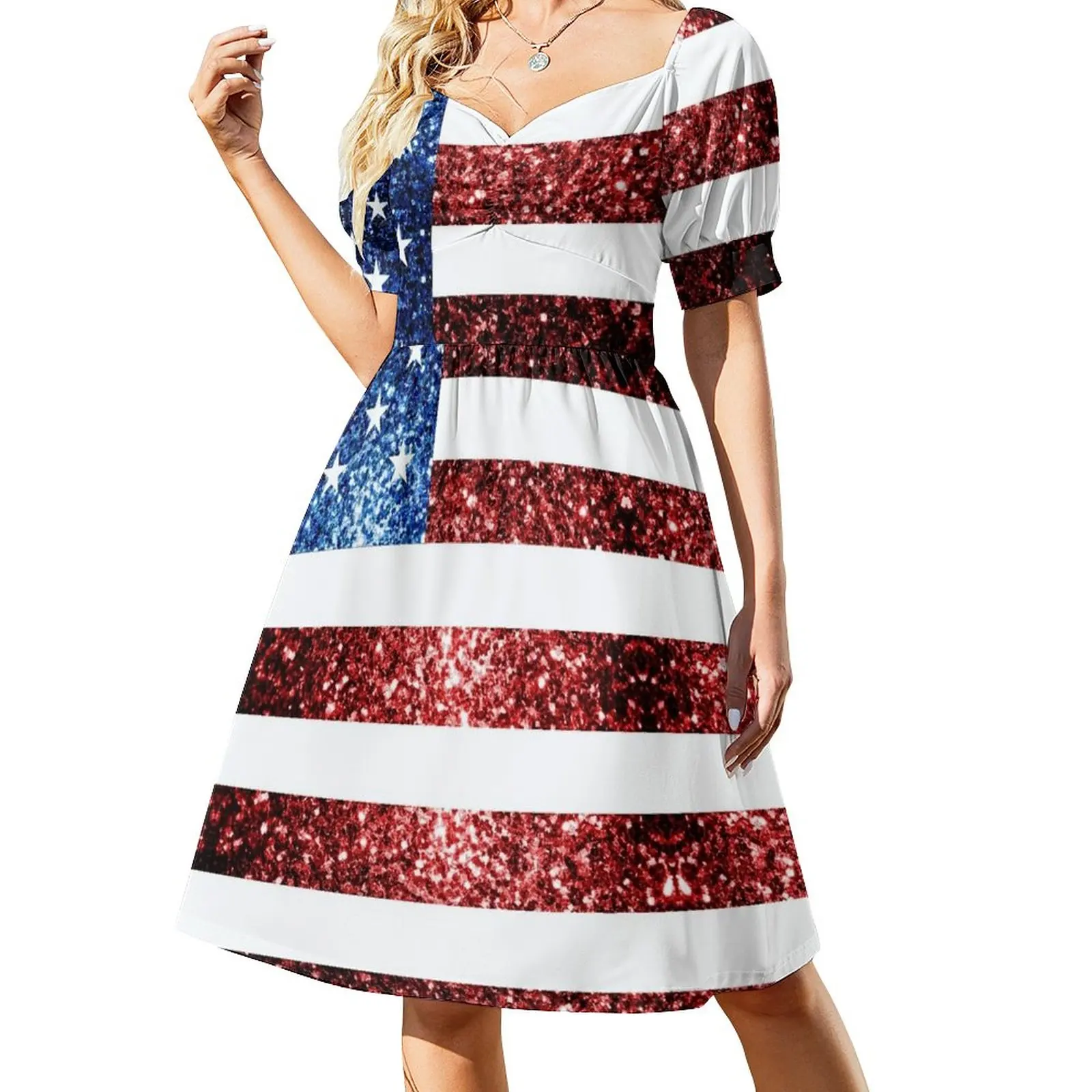 

USA flag red blue faux sparkles glitters Sleeveless Dress sexy dress for women