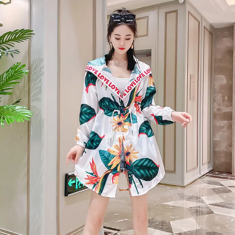 Chic Print Sweatshirt Women Hooded Jackets Lace-up Sweet Streetwear Zip Long Sleeve Summer Sun Protective Clothing Lightweight