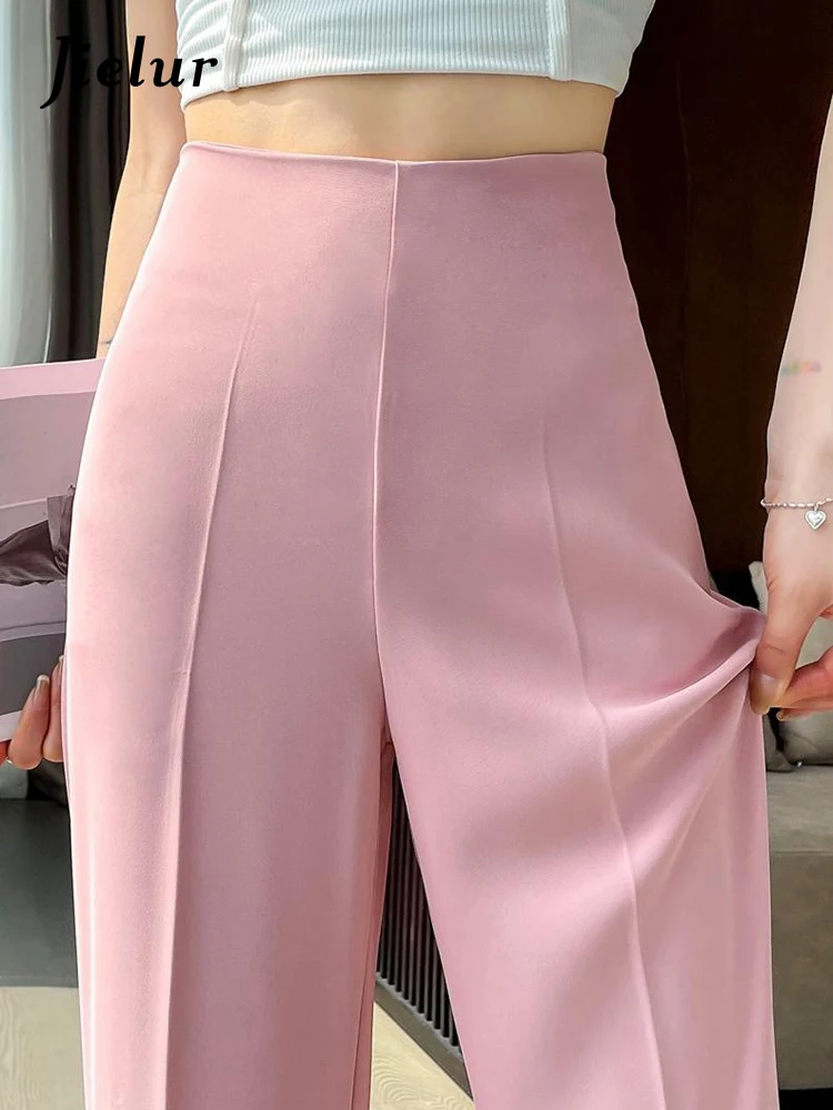 Jielur Pink Full Length Casual Women's Wide Leg Pants Straight High Waist Solid Color Summer Simple Female Trousers Y2k Pants