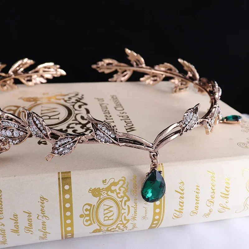 Vintage Bronze Emerald Green Fairy Crown Tiaras Crystal Leaves Elf Tiara Bandana Hair Accessories For Women Costume Hair Jewelry