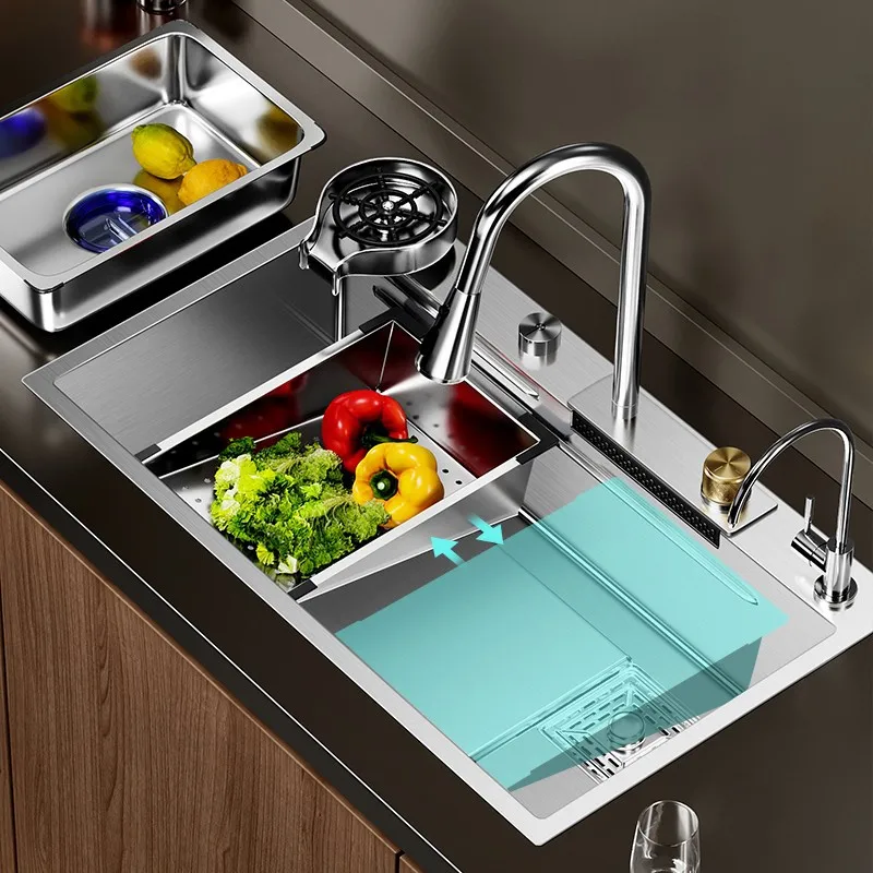 Robinet cascade de cuisine, évier en acier inoxydable 304 argent