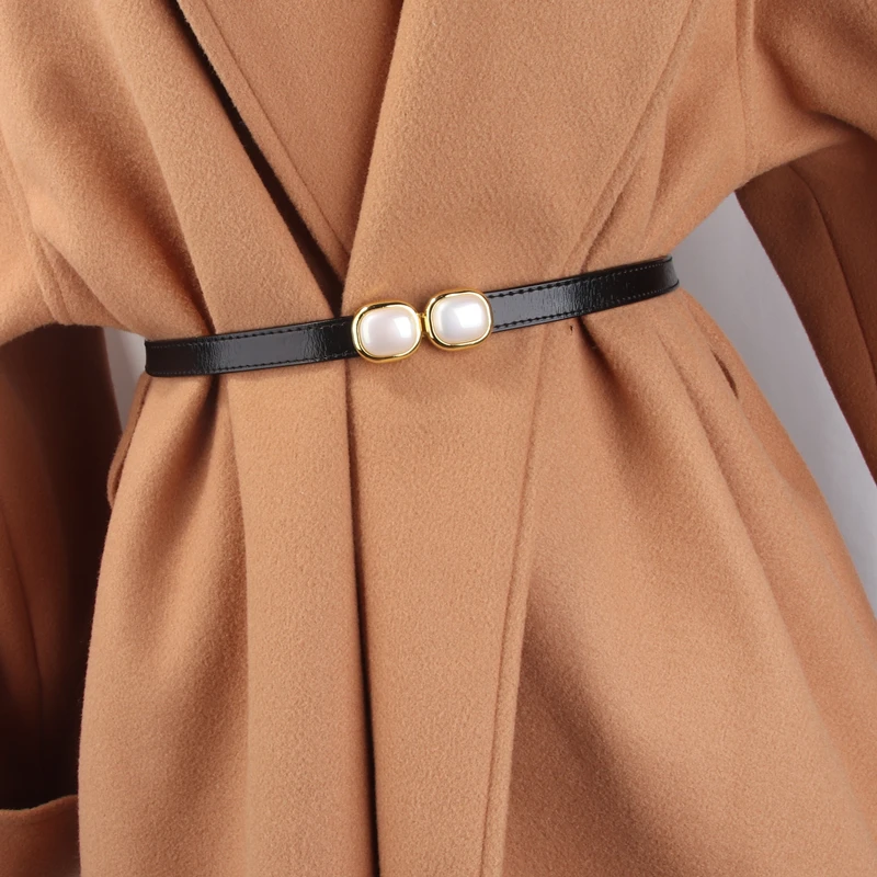 Adjustable Faux Leather Woman Dress Belts Skinny Thin Ladies Coat Waist Belt Strap Pearl Design Buckle Female Narrow Waistband