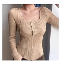 Women's Clothing Fashion All-match Solid Knit Pullovers Spring Summer Elegant Square Collar Chic Button Sweater Lady Vintage Top - Image 3