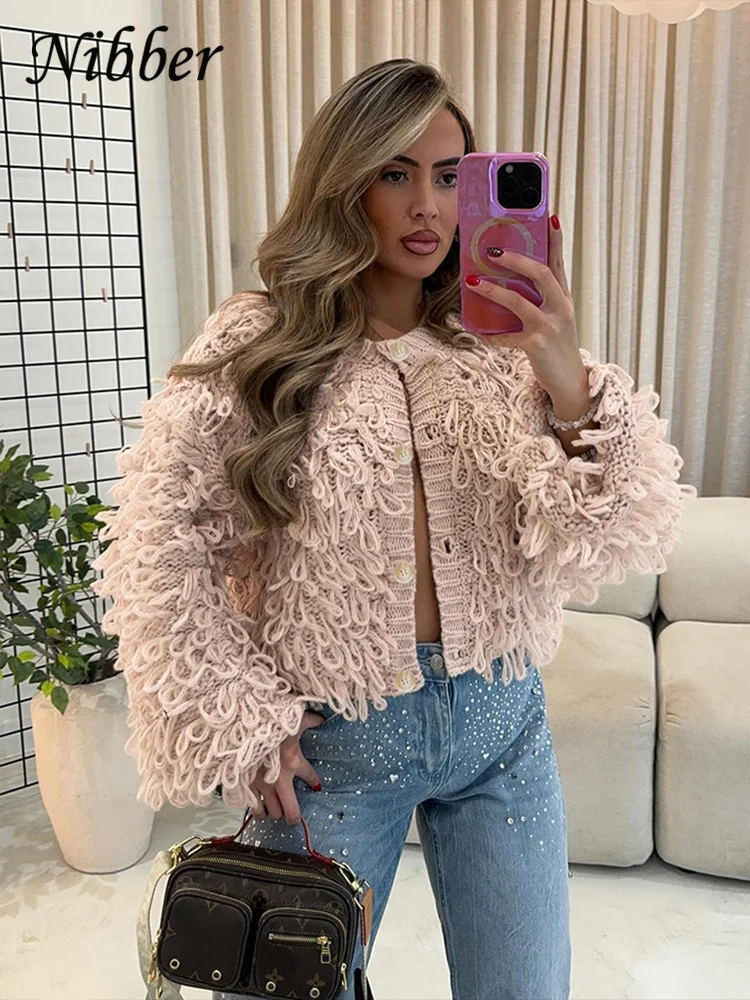 Nibber Thread Knitted Sweater Women Chic 2025 Winter Fashion o-Neck Single-Breasted Casual Warm Elegant Simple Street Outerwear