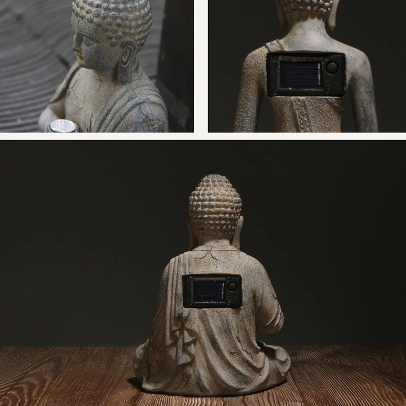 Chinese style Solar Powered Outdoor Courtyard Lights, Garden Landscape Lawn Lamp, Creative Resin Buddha Statues Decorations, 1Pc