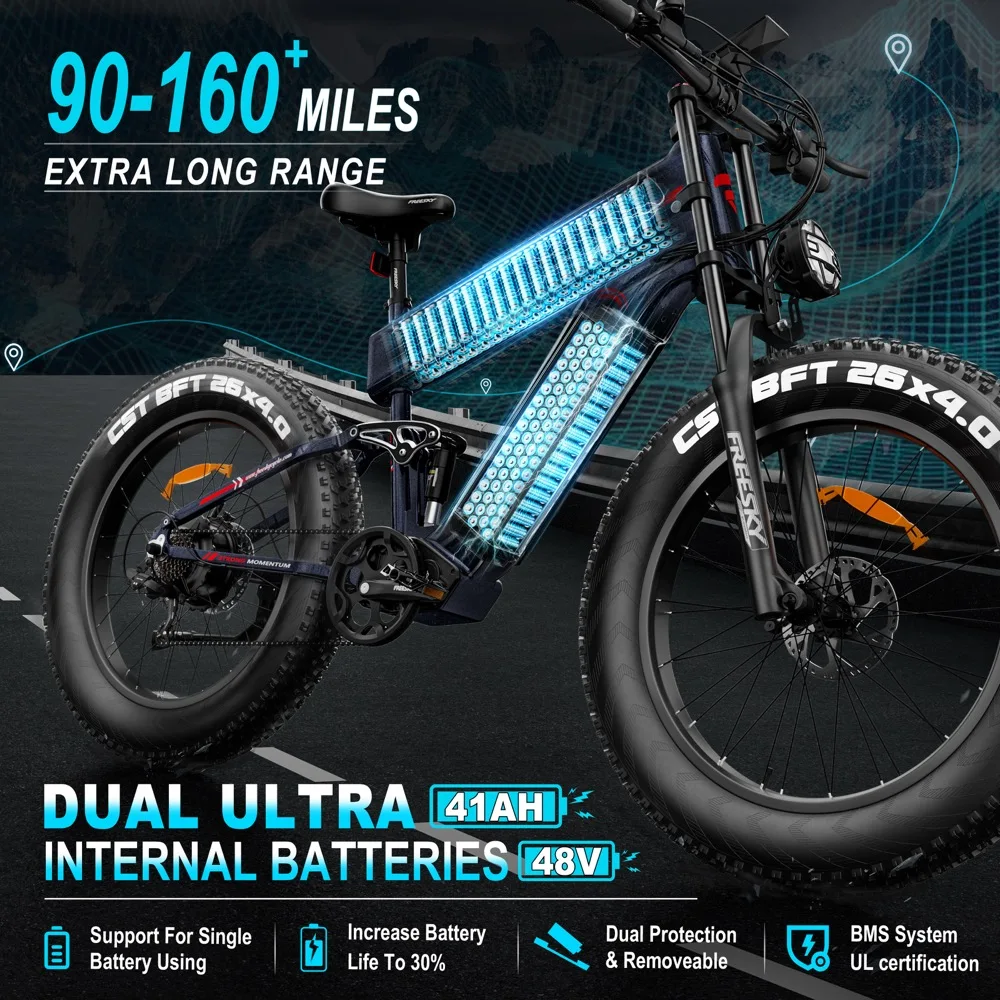 Freesky M520 Bici Elettrica per Adulti, Batteria 48V41Ah, Motore 1200W, Bicicletta Elettrica, E-Mountain Bike con Pneumatici Fat da 26 Pollici - immagine 3