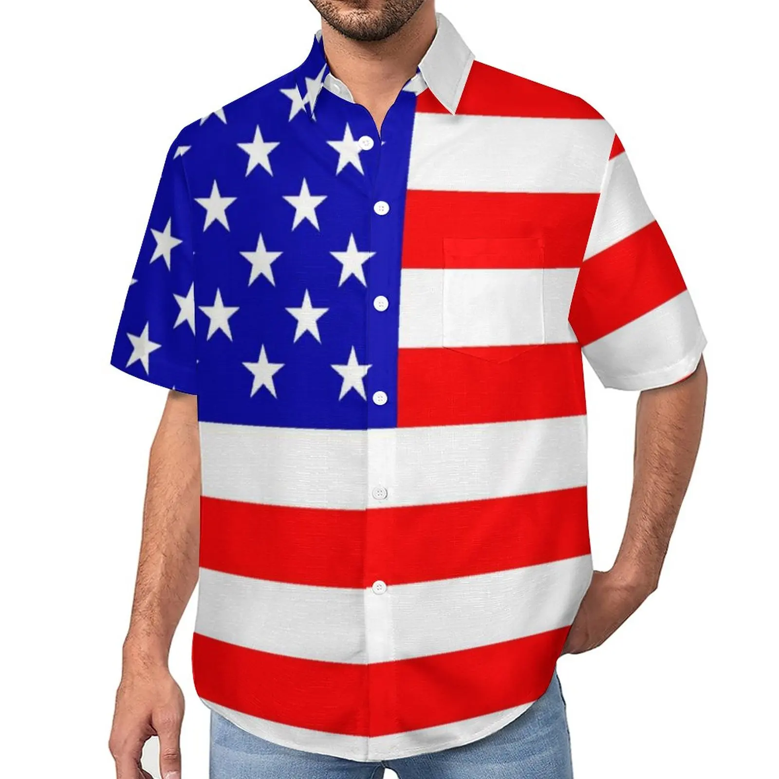 

American Flag Beach Shirt Patriotic White Stars Print Hawaiian Casual Shirts Man Vintage Blouses Short-Sleeved Graphic Clothes