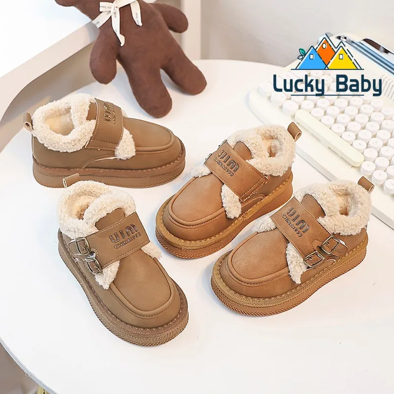 Fur Platform Girl Ankle Boots Suede Flats Warm Shoes Winter Cozy Snow Boots for Children 2025 Trend New Short Plush Botas Mujer