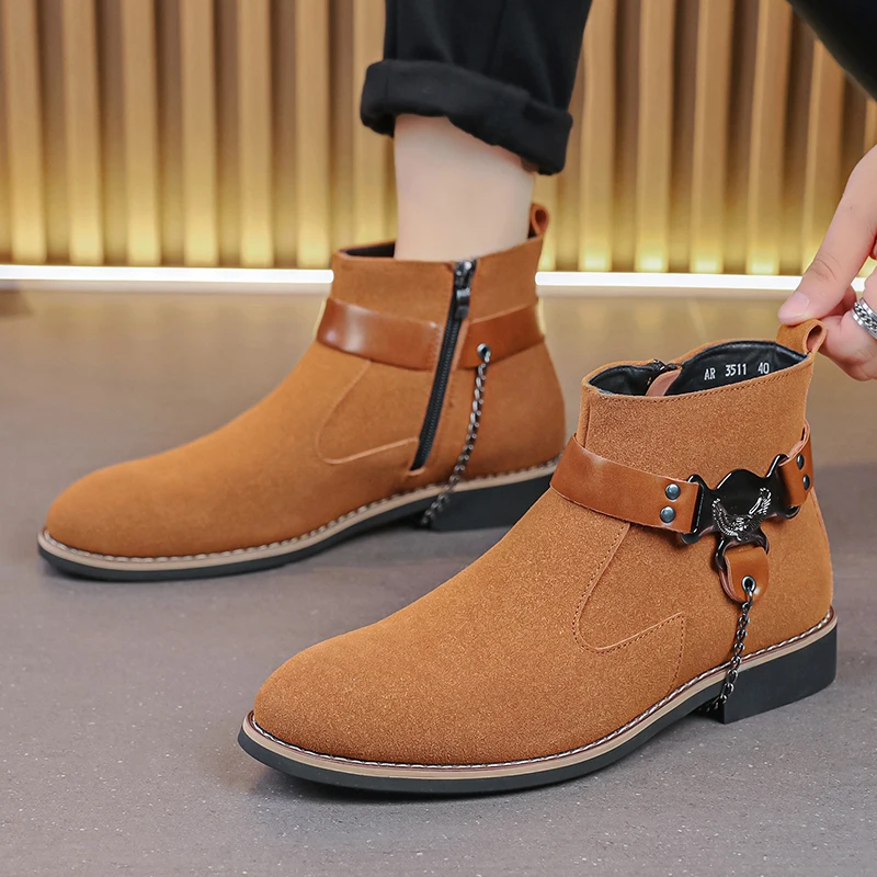 Men's Retro Classical Chelsea Boots Suede Leather Men Fashion Side Zipper Ankle Boots Casual Short Boots Handmade High-Top Shoes