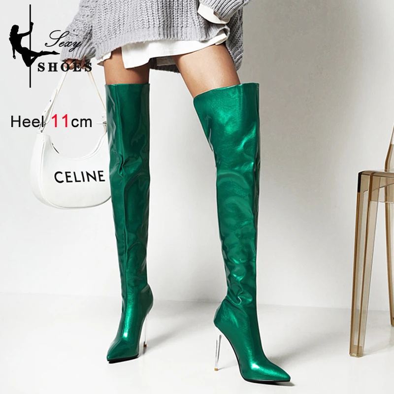 Long Boots for Women Dark Blue Pointed Toe Metal Stiletto Heel Patent Leather Over-the-Knee Female Shoes Large Size Short Plush